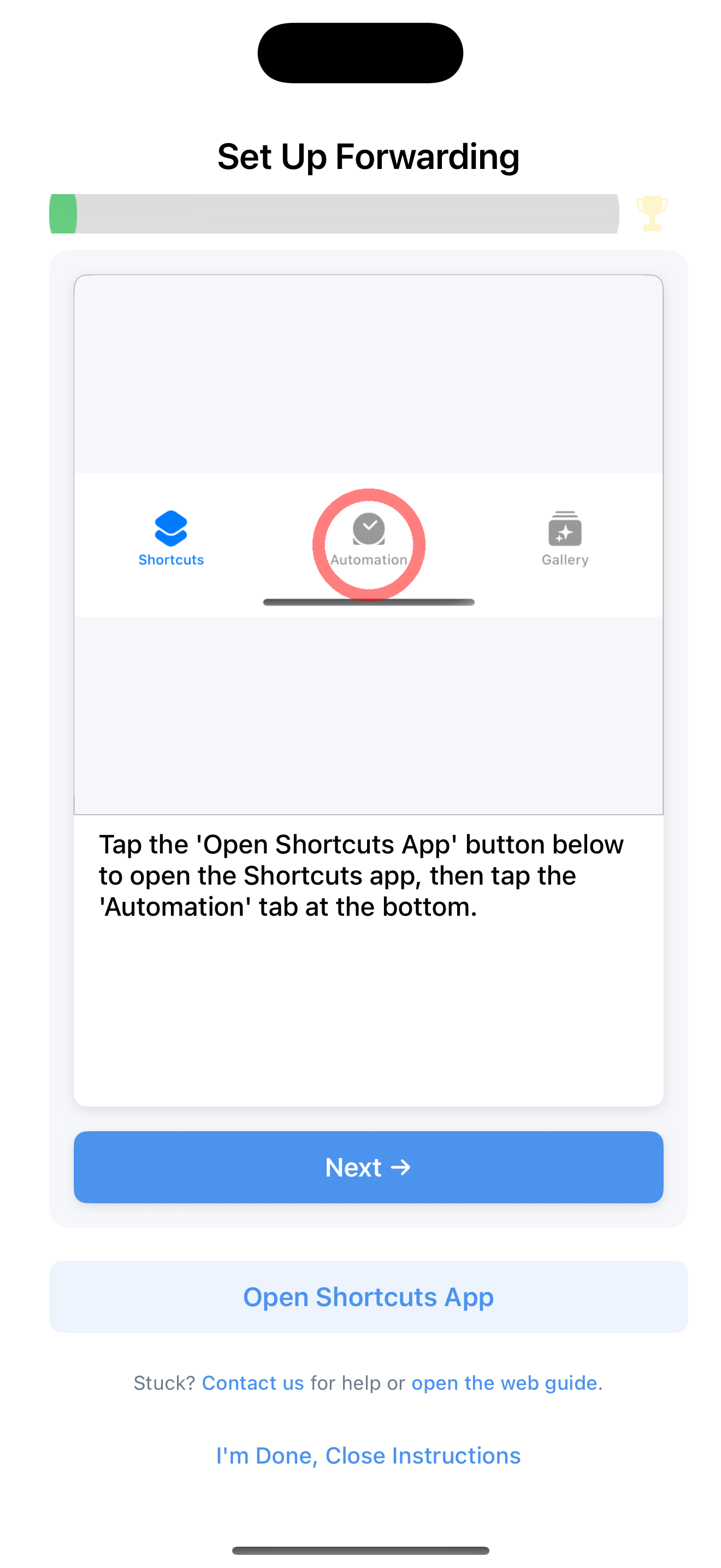 SMS to Email Forwarder — Setup Wizard with step-by-step onboarding