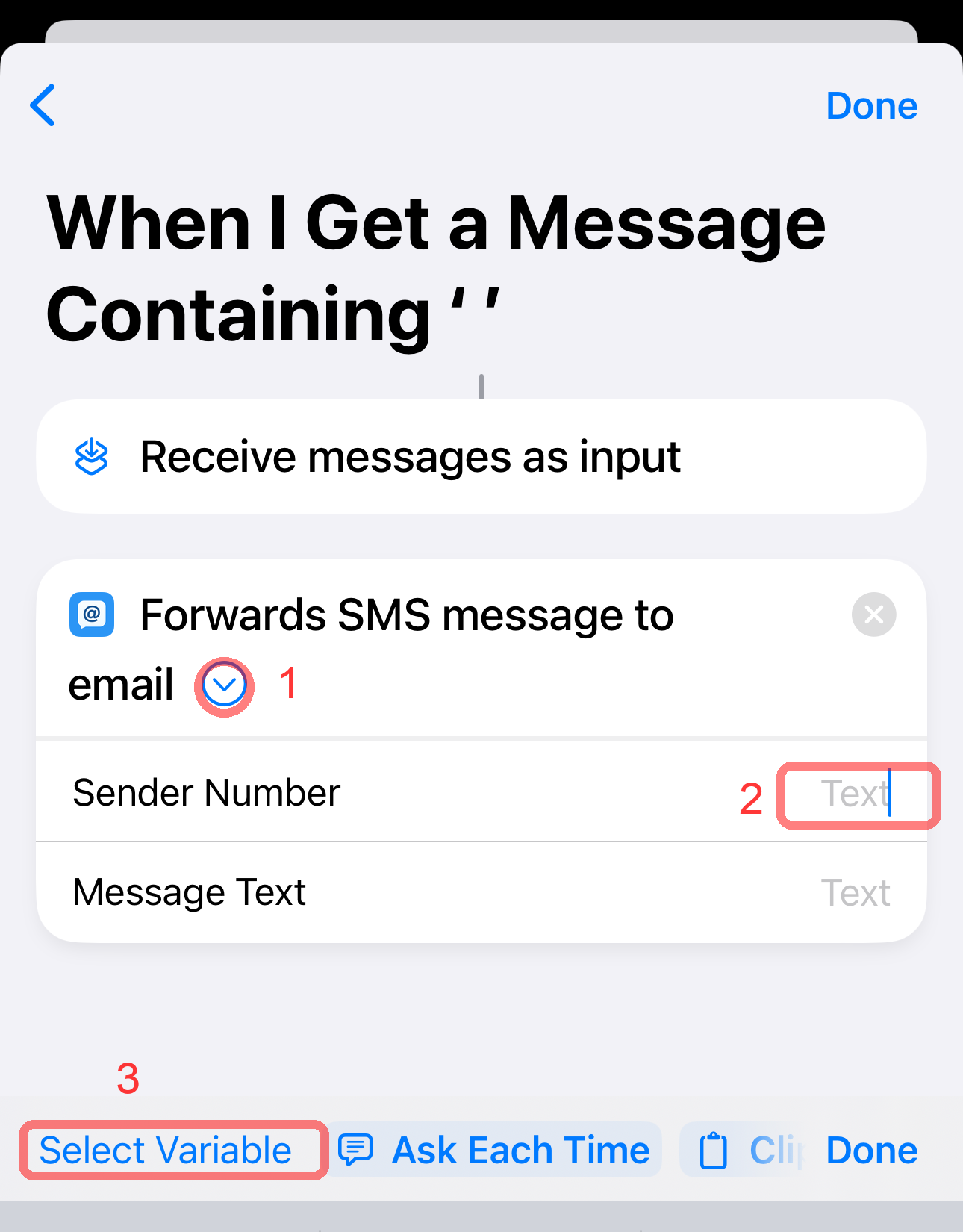 Expand action parameters and select variable